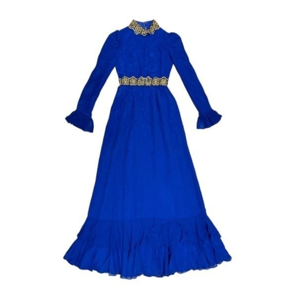 Vintage 1960's Angelair by Monika Royal Blue Embroidered Long Sleeve Maxi Dress